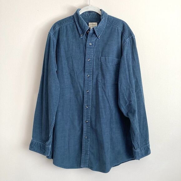 LL Bean Mens Blue Corduroy Button Down Shirt Size Large TALL 100% Cotton Classic - Picture 1 of 9